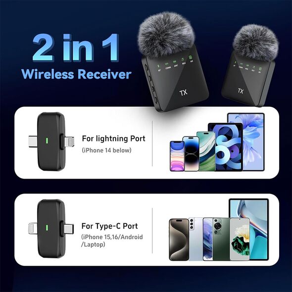 Double Microphone Sans Fil Professionnel 2en1 pour iPhone et Android F15-2 – ميكروفون لاسلكي 2 قطع متعدد المنافذ